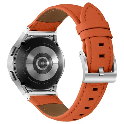 Genuine Cow Leather Strap with Connector for Samsung Galaxy Watch FE 40mm / Watch7 / Watch6 / Watch 5 / Watch4 Litchi Texture Silver Buckle Watch Band - Orange