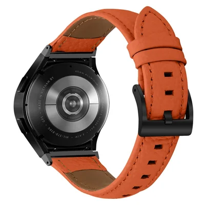 Genuine Cow Leather Strap with Connector for Samsung Galaxy Watch FE 40mm / Watch7 / Watch6 / Watch 5 / Watch4 Litchi Textured Electroplated Buckle Watch Band - Orange  /  Black