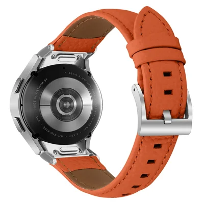 Genuine Cow Leather Strap with Connector for Samsung Galaxy Watch FE 40mm / Watch7 / Watch6 / Watch 5 / Watch4 Litchi Texture Silver Buckle Watch Band - Orange
