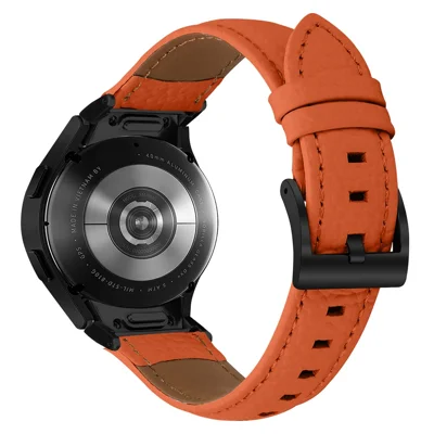Litchi Textured Genuine Cow Leather Strap for Samsung Galaxy Watch FE 40mm / Watch7 / Watch6 / Watch 5 / Watch4 Electroplated Buckle Watch Band with Quick Release Connector - Orange  /  Black