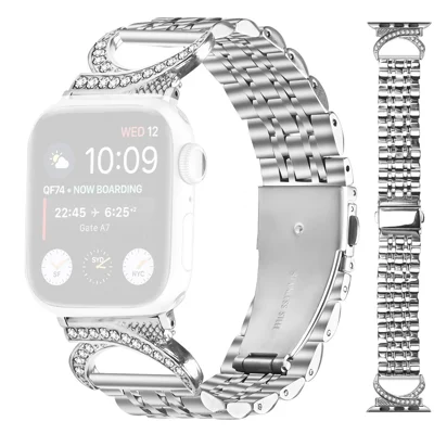 Watch Band for Apple Watch Ultra 4 3 2 1 49mm / Series 12 11 10 46mm / 9 8 7 45mm / SE3 SE2 SE 6 5 4 44mm / 3 2 1 42mm Stainless Steel Strap with Rhinestone Ox Horn Style Connector - Silver