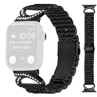 Watch Strap for Apple Watch Series 12 11 10 42mm / 9 8 7 41mm / SE3 SE2 SE 6 5 4 40mm / 3 2 1 38mm Stainless Steel Band with Rhinestone Ox Horn Style Connector - Black