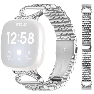 For Fitbit Versa 4 / Sense 2 Watch Band Seven Bead Stainless Steel Strap with Rhinestone Ox Horn Style Connector - Silver