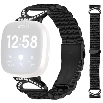 For Fitbit Versa 4 / Sense 2 Strap Seven Bead Stainless Steel Watch Band with Rhinestone Ox Horn Style Connector - Black