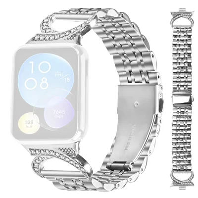 For Xiaomi Smart Band 10 Pro / 9 Pro / 8 Pro / Redmi Watch 6 / 5 / 4 Watch Band Seven Bead Stainless Steel Strap with Rhinestone Ox Horn Style Connector - Silver
