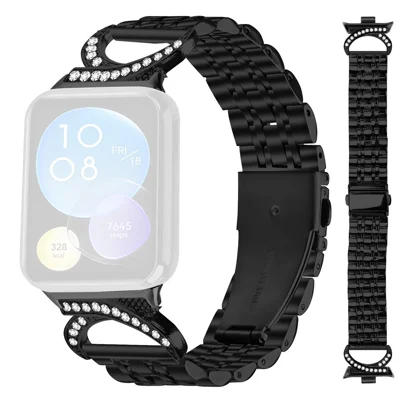 For Xiaomi Smart Band 10 Pro / 9 Pro / 8 Pro / Redmi Watch 6 / 5 / 4 Strap Seven Bead Stainless Steel Watch Band with Rhinestone Ox Horn Style Connector - Black