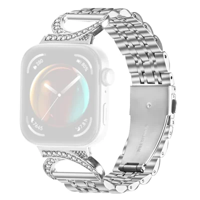 Armband für Huawei Watch Fit 4 Pro / Fit 4 / Fit 3 Sieben-Perlen-Edelstahlarmband mit Strass-Ochsenhorn-Style-Anschluss – Silber