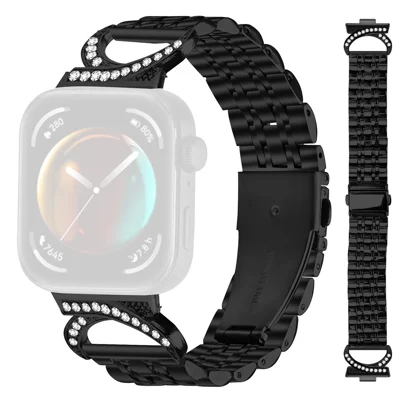 Uhrenarmband für Huawei Watch Fit 4 Pro / Fit 4 / Fit 3, Sieben-Perlen-Edelstahlarmband mit Strass-Ochsenhorn-Style-Anschluss – Schwarz