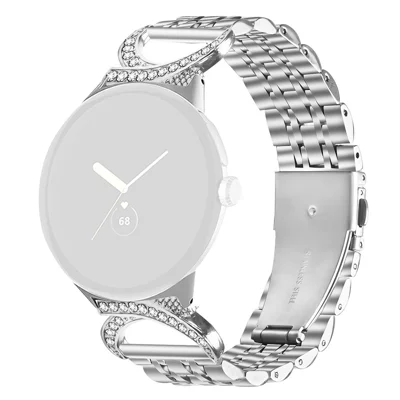 Watch Band for Google Pixel Watch 5 / Watch 4 / Watch 3 / Watch 2 / Watch 41mm Seven Bead Stainless Steel Strap with Rhinestone Ox Horn Style Connector - Silver