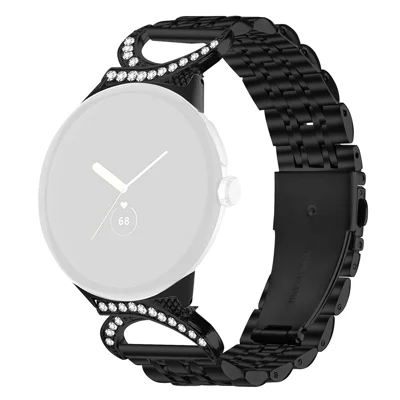 Watch Strap for Google Pixel Watch 5 / Watch 4 / Watch 3 / Watch 2 / Watch 41mm Seven Bead Stainless Steel Band with Rhinestone Ox Horn Style Connector - Black