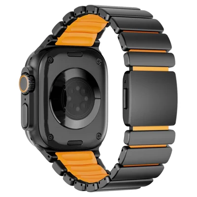 Stainless Steel + Silicone Strap for Apple Watch Ultra 4 3 2 1 49mm / Series 12 11 10 46mm / 9 8 7 45mm / SE3 SE2 SE 6 5 4 44mm / 3 2 1 42mm Watch Band Magnetic Buckle - Black / Orange