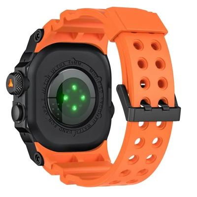 TPU Watch Band for Apple Watch Ultra 3 49mm / Ultra 2 49mm / Ultra 49mm Wrist Strap with Integrated Metal Watch Case - Black / Black / Orange