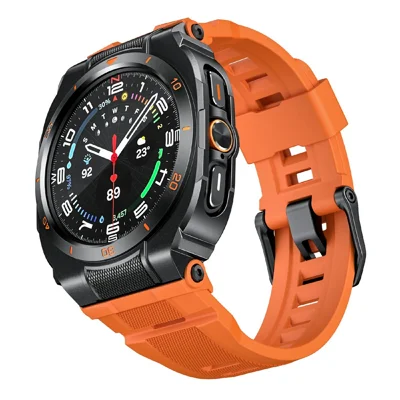 Voor Samsung Galaxy Watch Ultra (2025) 47mm / Ultra 47mm Siliconen Band met Hoes 2-in-1 Beschermlaag Combinatieband met Beschermrand van Zinklegering - Zwart / Oranje