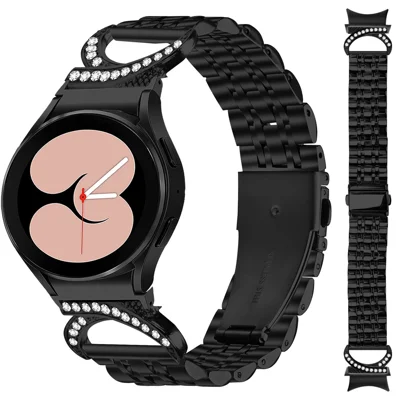 Watch Band For Samsung Galaxy Watch 5 Pro 45mm  /  Watch 5 Active 44mm  /  40mm  /  Watch 5 44mm  /  40mm 7-Bead Stainless Steel Electroplated Strap with Rhinestone Ox Horn Style Professional Connector - Black