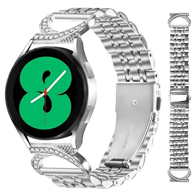 For Samsung Galaxy Watch7 44mm  /  40mm Watch Band Seven Bead Stainless Steel Strap with Rhinestone Ox Horn Style Connector - Silver