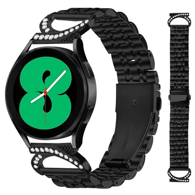 For Huami Amazfit T-Rex 3 Pro 44mm Strap Seven Bead Stainless Steel Watch Band with Rhinestone Ox Horn Style Connector - Black