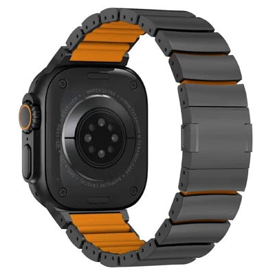 Watch Band for Apple Watch Series 11 10 42mm  /  9 8 7 41mm  /  SE3 SE2 SE 6 5 4 40mm  /  3 2 1 38mm One Bead Titanium Alloy + Silicone Strap - Black+Orange