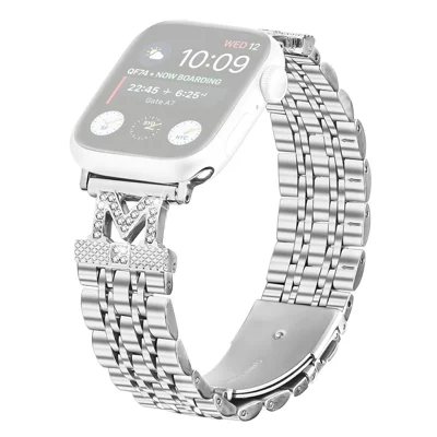 Stainless Steel Strap For Apple Watch Ultra 4 3 2 1 49mm / Series 12 11 10 46mm / 9 8 7 45mm / SE3 SE2 SE 6 5 4 44mm / 3 2 1 42mm Rhinestone Decor M-Shaped Connector - Silver