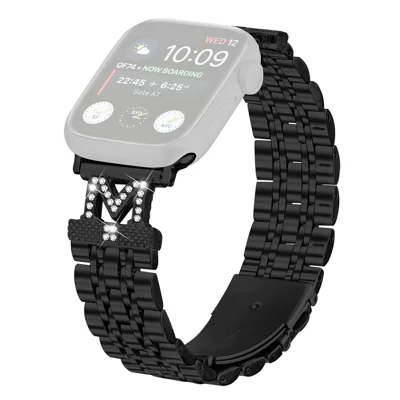 Stainless Steel Metal Strap For Apple Watch Series 12 11 10 42mm  /  9 8 7 41mm  /  SE3 SE2 SE 6 5 4 40mm  /  3 2 1 38mm M Shape Connector Rhinestone Decor - Black