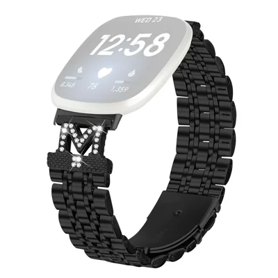 Watch Band For Fitbit Versa 3  /  Sense Stainless Steel Metal Strap with M Shape Connector Rhinestone Decor - Black