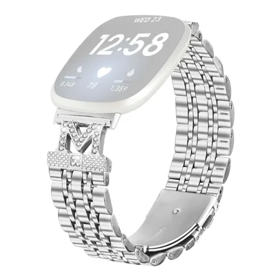 Watch Band For Fitbit Versa 4  /  Sense 2 Stainless Steel Strap with Rhinestone Decor M-Shaped Connector - Silver