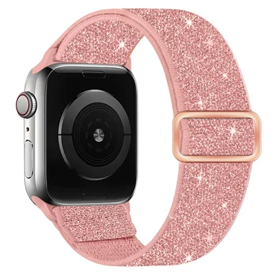 Watch Band For Apple Watch Ultra 4 3 2 1 49mm / Series 12 11 10 46mm / 9 8 7 45mm / SE3 SE2 SE 6 5 4 44mm / 3 2 1 42mm Glitter Nylon Elastic Wrist Strap - Pink
