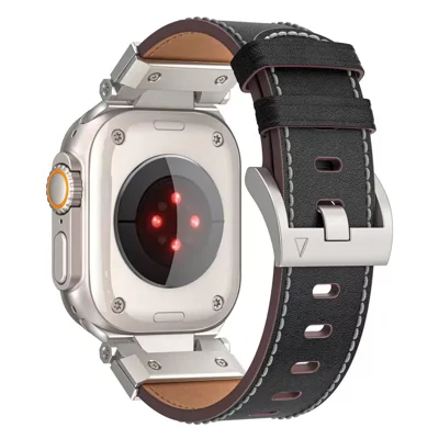 COTECI iW-004 Watch Band for Apple Watch Ultra 4 3 2 1 49mm / Series 12 11 10 46mm / 9 8 7 45mm / SE3 SE2 SE 6 5 4 44mm / 3 2 1 42mm Mecha Top Layer Genuine Cow Leather Strap - Black