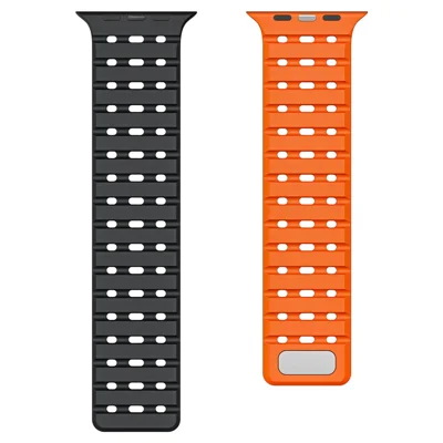 COTECI IW-016 Magnetic Silicone Strap for Apple Watch Ultra 4 3 2 1 49mm / Series 12 11 10 46mm / 9 8 7 45mm / SE3 SE2 SE 6 5 4 44mm / 3 2 1 42mm Dual Color Watch Band - Black / Orange