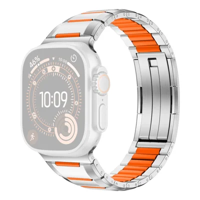 5G Faceted Rubber Inlaid Stainless Steel Watch Band for Apple Watch Series 12 11 10 42mm  /  9 8 7 41mm  /  SE3 SE2 SE 6 5 4 40mm  /  3 2 1 38mm - Titanium+Orange