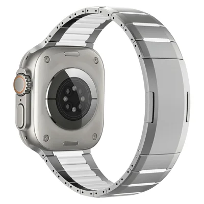 Stainless Steel Strap for Apple Watch Series 12 11 10 42mm / 9 8 7 41mm / SE3 SE2 SE 6 5 4 40mm / 3 2 1 38mm Dual Color Side Release Metal Band - Titanium / White