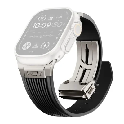Silicone Strap for Apple Watch Ultra 4 3 2 1 49mm / Series 12 11 10 46mm / 9 8 7 45mm / SE3 SE2 SE 6 5 4 44mm / 3 2 1 42mm Band with Titanium Connector / Silver Buckle - Black