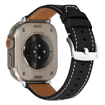 Leather Watch Band for Apple Watch Series 12 11 10 42mm  /  9 8 7 41mm  /  SE3 SE2 SE 6 5 4 40mm  /  3 2 1 38mm Wristband with Stitching - Black