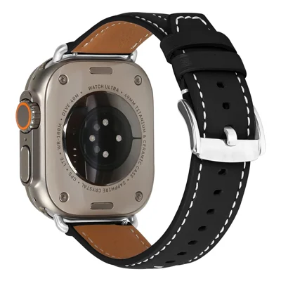 Leather Watch Band for Apple Watch Ultra 3 2 1 49mm  /  Series 11 10 46mm  /  9 8 7 45mm  /  SE3 SE2 SE 6 5 4 44mm  /  3 2 1 42mm Wristband with Curved Connector Stainless Steel Buckle - Black