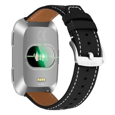 Leather Watch Band for Fitbit Versa 3  /  Sense Wristband Replacement with Stitching - Black