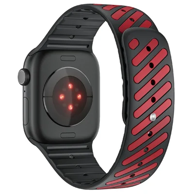 Strap for Apple Watch Ultra 3 2 1 49mm  /  Series 11 10 46mm  /  9 8 7 45mm  /  SE3 SE2 SE 6 5 4 44mm  /  3 2 1 42mm Diagonal Textured Magnetic Silicone Sports Band - Black+Red