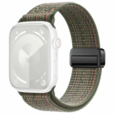 Magnetic Buckle Nylon Strap for Apple Watch Series 12 11 10 42mm / 9 8 7 41mm / SE3 SE2 SE 6 5 4 40mm / 3 2 1 38mm Sport Watch Band - Dark Green / Orange