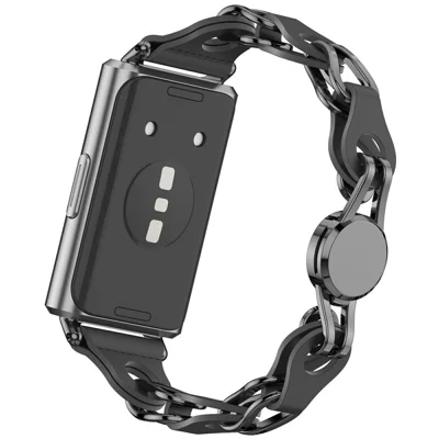Hollow Out Watch Strap for Huawei Band 11 Pro NFC / 11 NFC / 11 Pro / 11 Metal + Leather Chain Band Replacement - Black