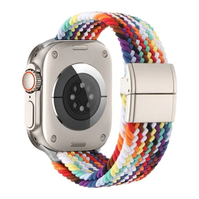 Nylon Braided Band for Apple Watch Ultra 4 3 2 1 49mm / Series 12 11 10 46mm / 9 8 7 45mm / SE3 SE2 SE 6 5 4 44mm / 3 2 1 42mm Magnetic Watch Strap with Metal Connector - Rainbow