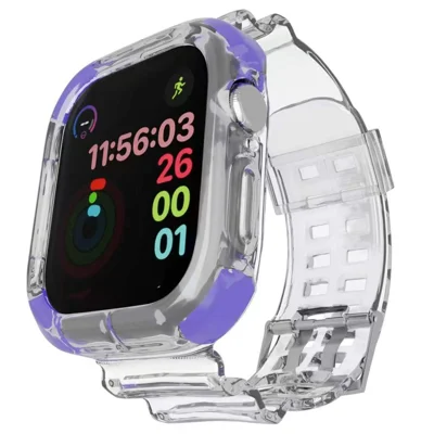 Strap for Apple Watch Series 11 10 42mm  /  9 8 7 41mm  /  SE3 SE2 SE 6 5 4 40mm  /  3 2 1 38mm Shockproof Airbag Clear TPU Band with Integrated Watch Case - Transparent+Purple