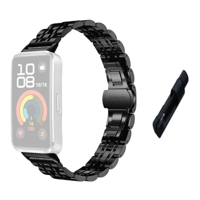 Stainless Steel Band for Huawei Band 11 / 11 NFC / 11 Pro / 11 Pro NFC Butterfly Buckle Chain Watch Strap with Removal Tool - Black