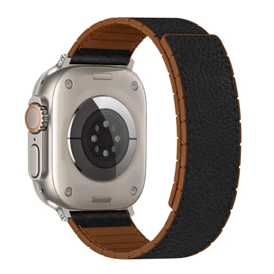 Leather Coated Silicone Band for Apple Watch Ultra 3 2 1 49mm / Series 11 10 46mm / 9 8 7 45mm / SE3 SE2 SE 6 5 4 44mm / 3 2 1 42mm Magnetic Watch Strap - Black