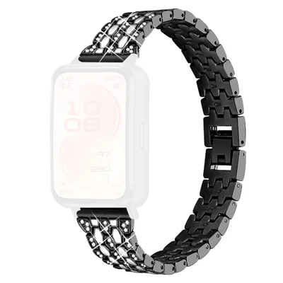 Metal Watch Band for Huawei Band 11 Pro NFC / 11 NFC / 11 Pro / 11 Rhinestones Decor Replacement Strap - Black+White