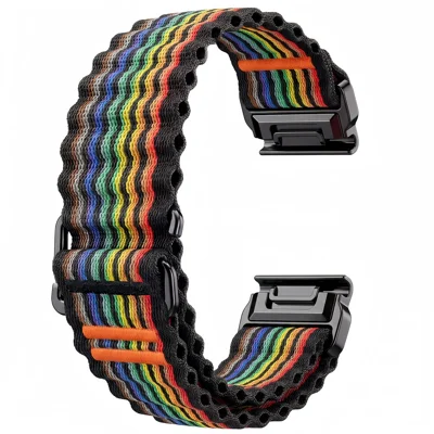 QuickFit 26mm Nylon Strap for Garmin Fenix 7X Pro 51mm / 7X / 6X Ocean Wave Texture Breathable Sport Watch Band - Rainbow