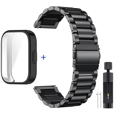 For Huami Amazfit Bip 5 Unity A2324 3-Bead Stainless Steel Strap with TPU Full Cover Watch Case and Removal Tool - Black