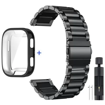 For Huami Amazfit Bip 6 A2435 3-Bead Stainless Steel Strap with TPU Full Cover Watch Case and Removal Tool - Black