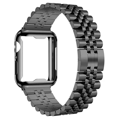 For Apple Watch Series 11 46mm  /  Series 10 46mm 7-Bead Stainless Steel Butterfly Clasp Strap with  TPU Full Cover Watch Case - Black