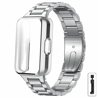 For Samsung Galaxy Fit3 3-Bead Stainless Steel Strap with TPU Full Cover Watch Case and Removal Tool - Silver - Silver