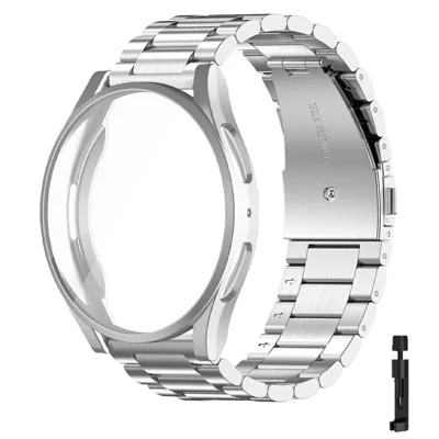 For Samsung Galaxy Watch7 44mm 3-Bead Stainless Steel Strap with TPU Full Cover Watch Case and Removal Tool - Silver