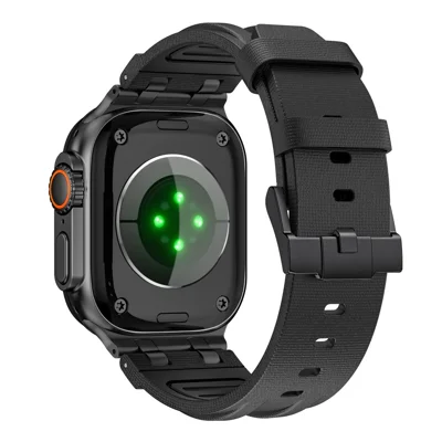 FKM Fluoroelastomer Strap with Black Connector for Apple Watch Ultra 4 3 2 1 49mm / Series 12 11 10 46mm / 9 8 7 45mm / SE3 SE2 SE 6 5 4 44mm / 3 2 1 42mm Woven Texture Watch Band - Black / Black Buckle