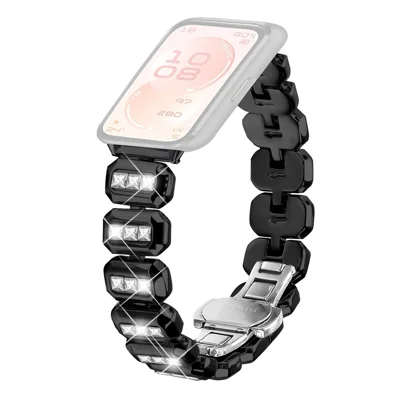Zinc Alloy Watch Band for Huawei Band 11 Pro NFC  /  11 NFC  /  11 Pro  /  11 Square Rhinestone Decor Metal Strap - Black